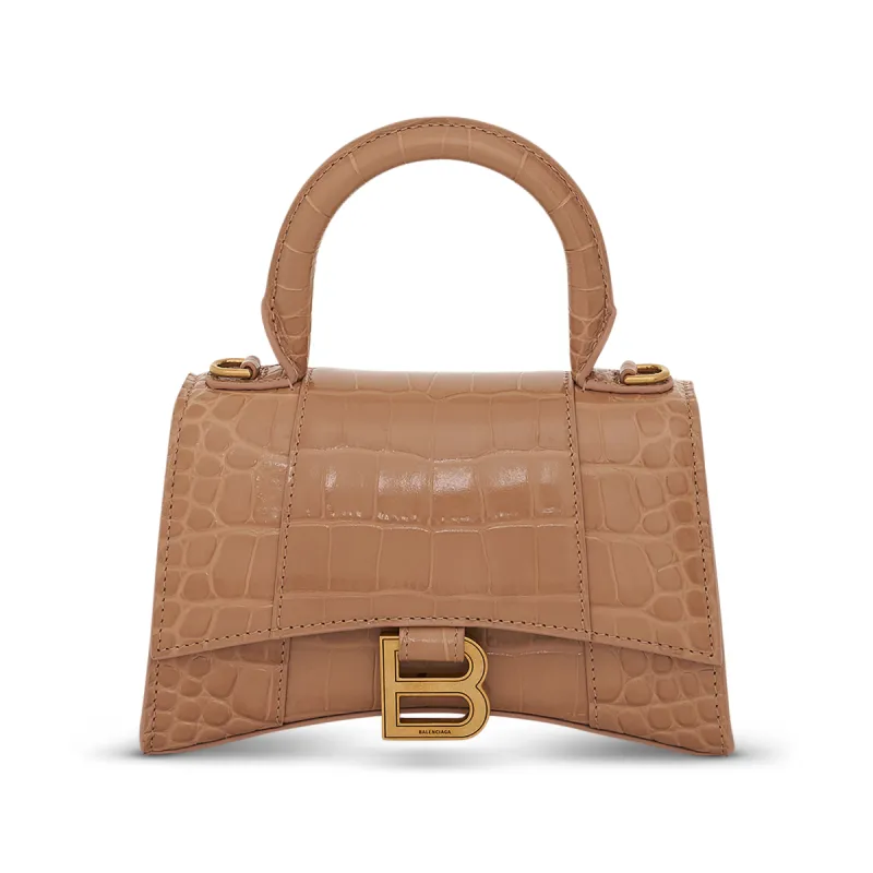 Hourglass XS Croco Embossed Bag in Beige with Gold Plague sold by MARAIS