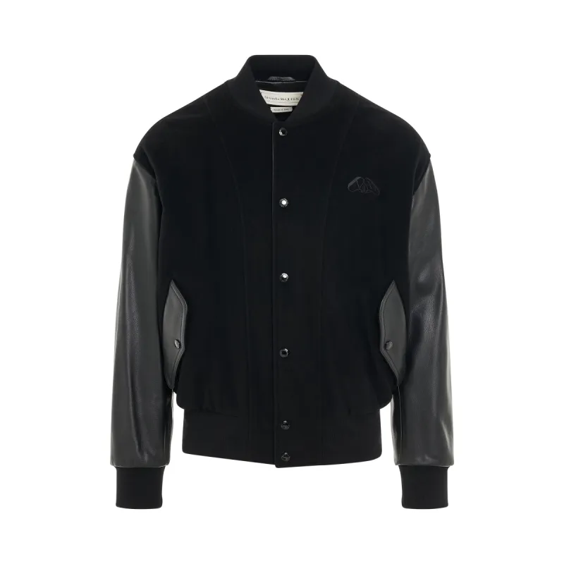 Bomber Jacket with Leather Sleeve in Black sold by MARAIS