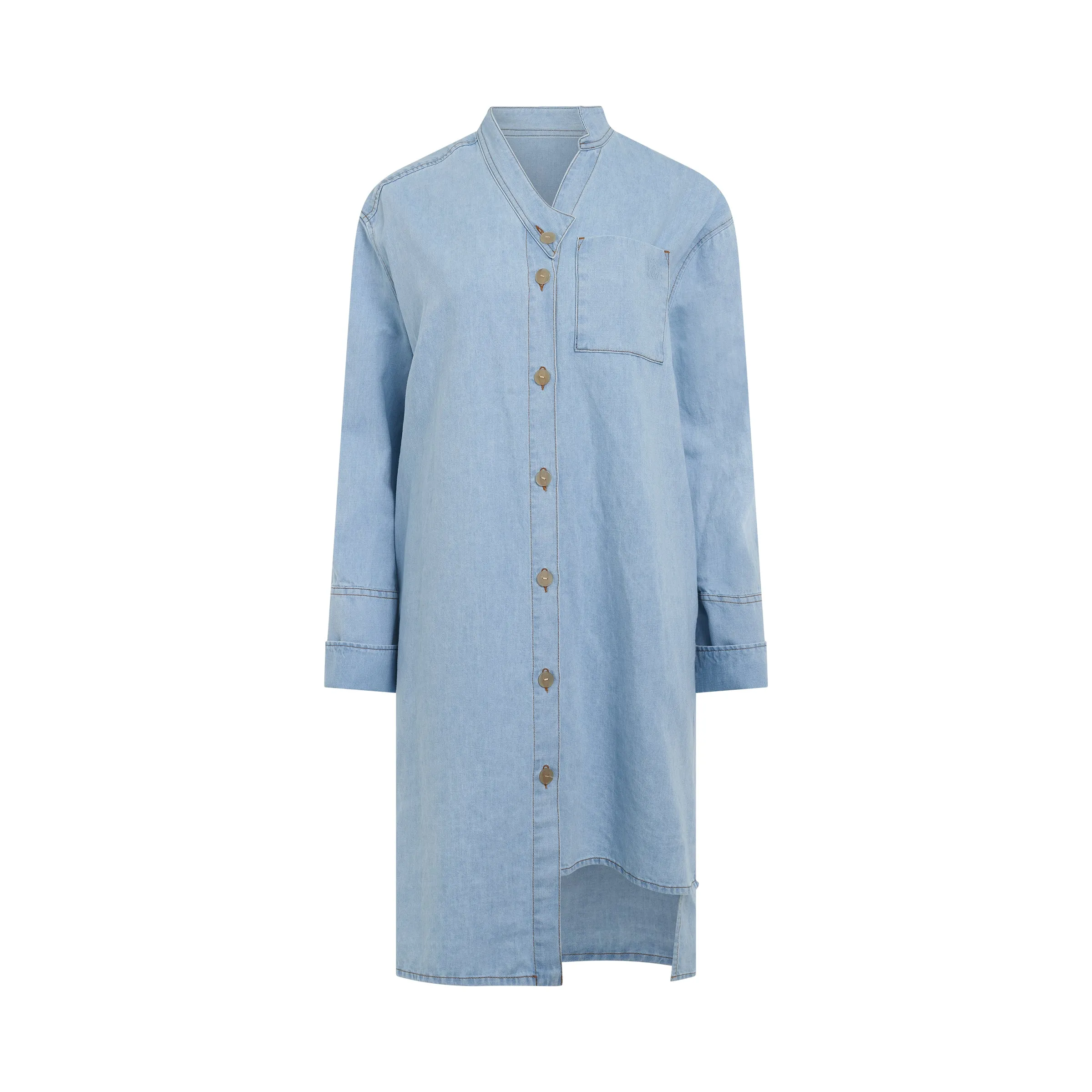 Asymmetric Shirt Dress in Light Denim sold by MARAIS