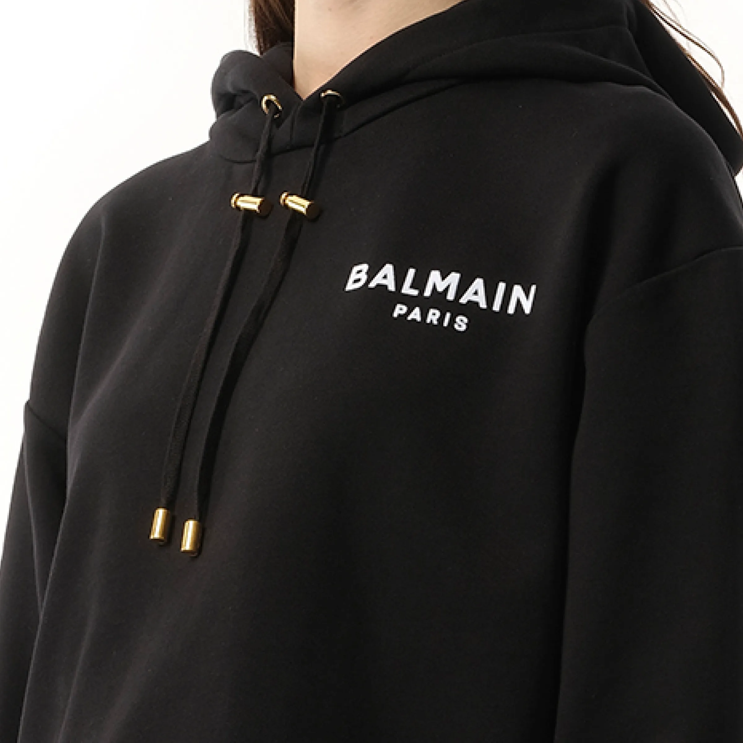 Balmain Flock Detail Cropped Hoodie in Black/White sold by MARAIS product image thumbnail 3