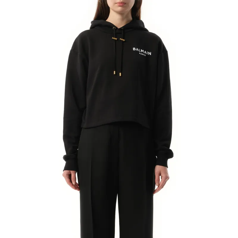 Balmain Flock Detail Cropped Hoodie in Black/White sold by MARAIS