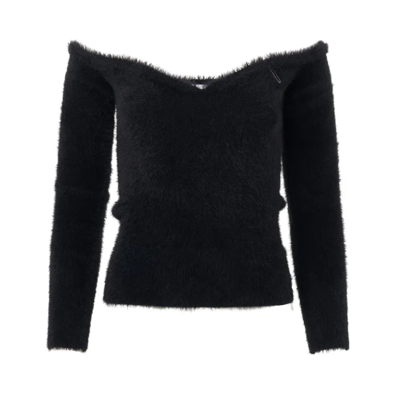 Fuzzy Off Shoulder Long Sleeve Top in Black sold by MARAIS