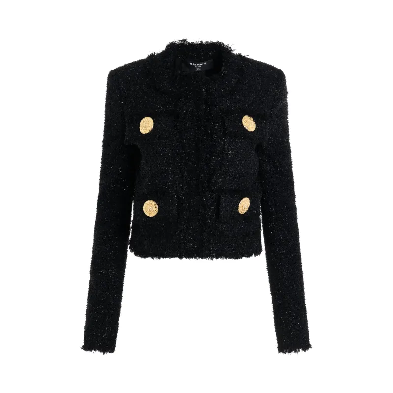 Collarless 4 Pockets Tweed Jacket in Black sold by MARAIS