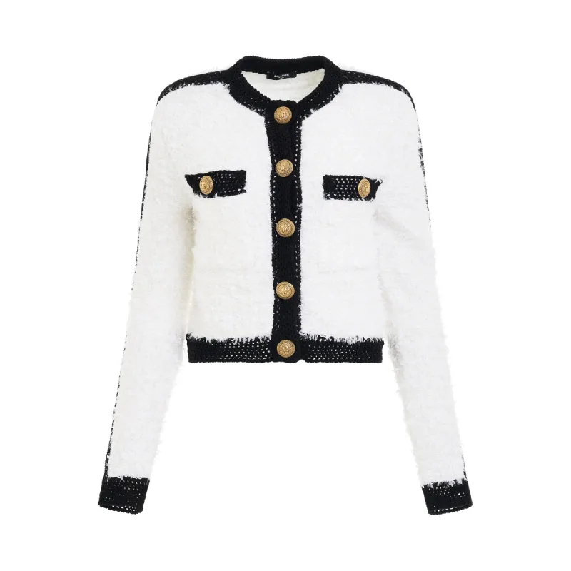 2 Pockets Tweed Knit Cropped Jacket in White/Black sold by MARAIS