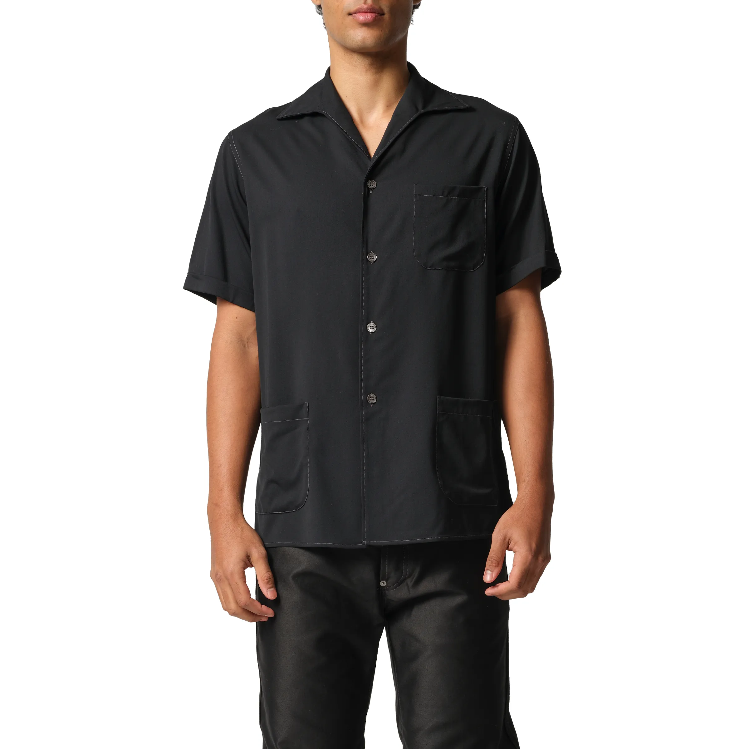 Fine Wool Short-sleeved Shirt in Black sold by MARAIS
