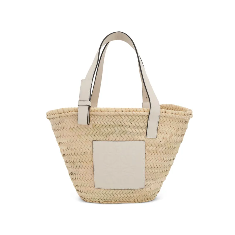 Medium Palm Leaf and Calfskin Basket Bag in Natural/White made by Loewe