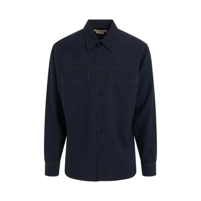 Wool Poplin Shirt in Blue Black sold by MARAIS