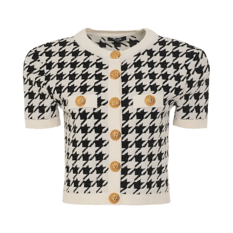 Short Sleeve Houndstooth Buttoned Tweed Cardigan in Egg Shell sold by MARAIS