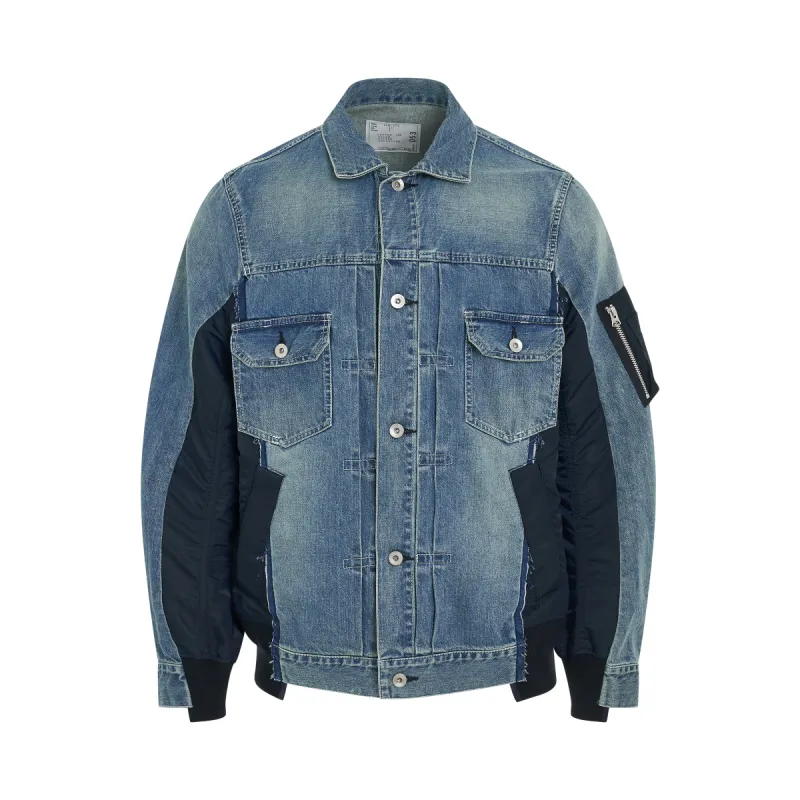 Denim x Nylon Twill Bomber Jacket in Light Blue sold by MARAIS