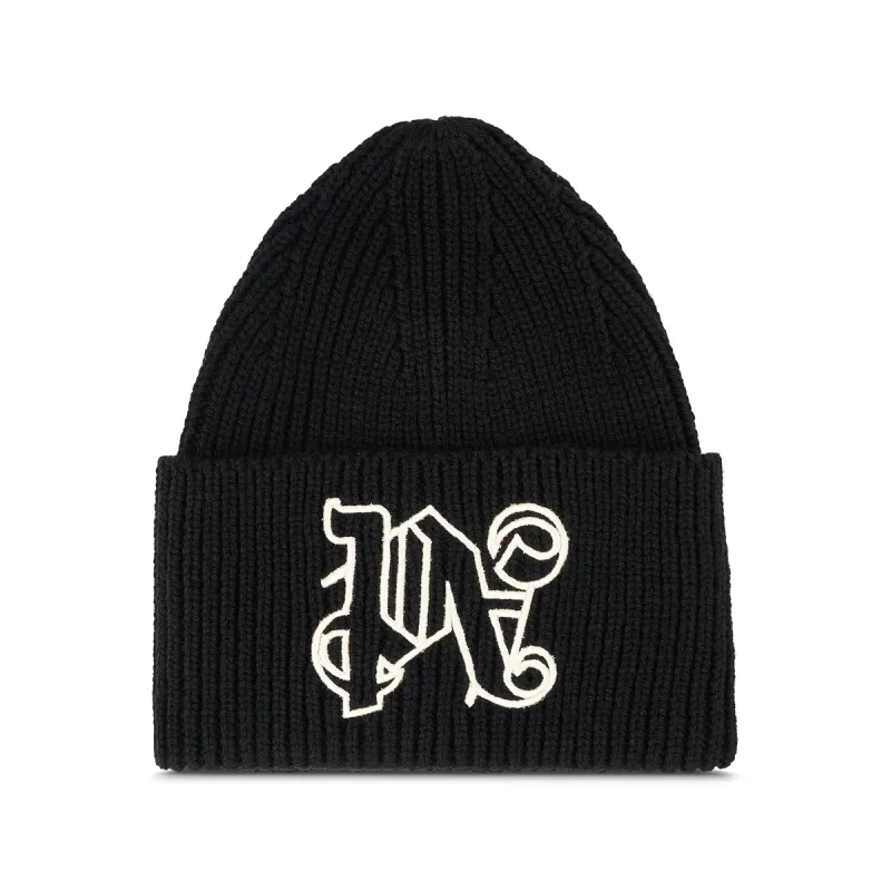 Monogram Embroidered Beanie in Black sold by MARAIS