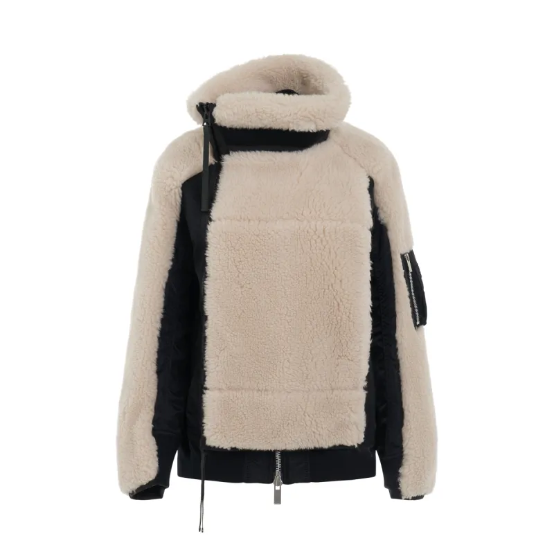 Faux Shearling x Nylon Twill Blouson in Black/Ecru sold by MARAIS