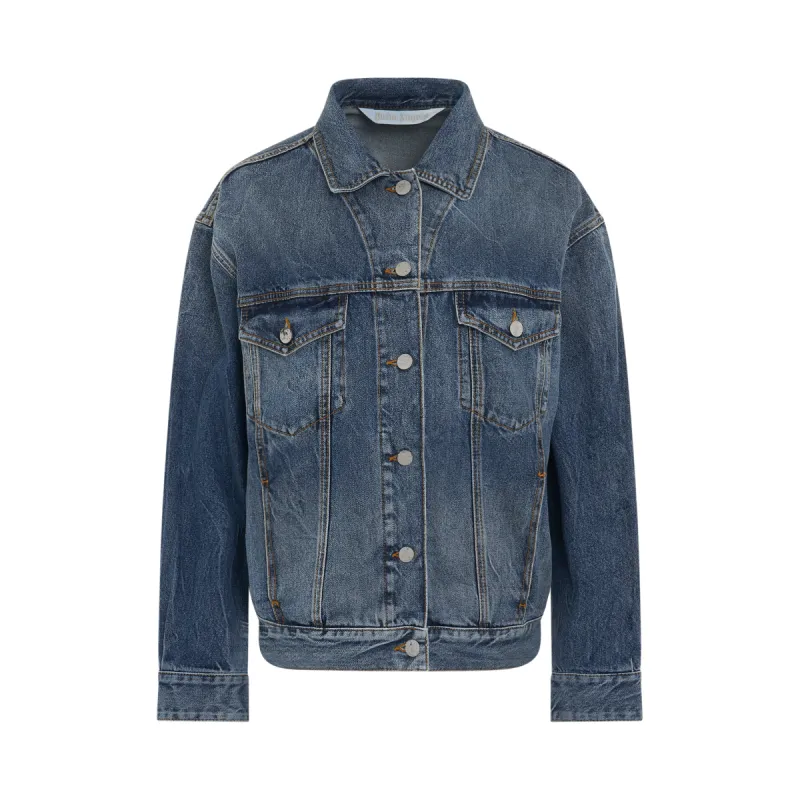 Raw Patch Oversize Denim Jacket in Cobalt Blue/Brown sold by MARAIS
