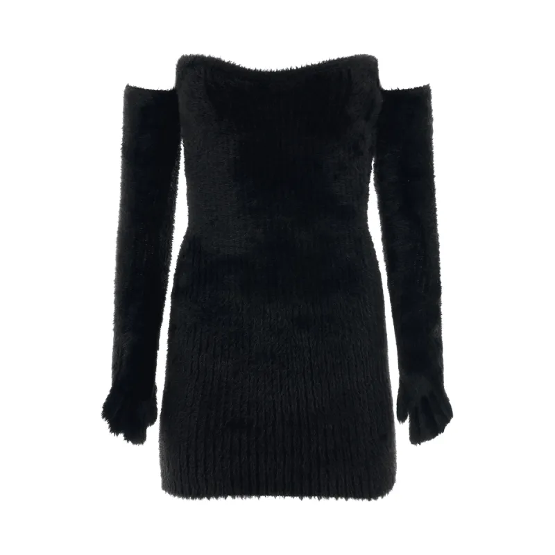 Fuzzy Gloves Mini Dress in Black sold by MARAIS