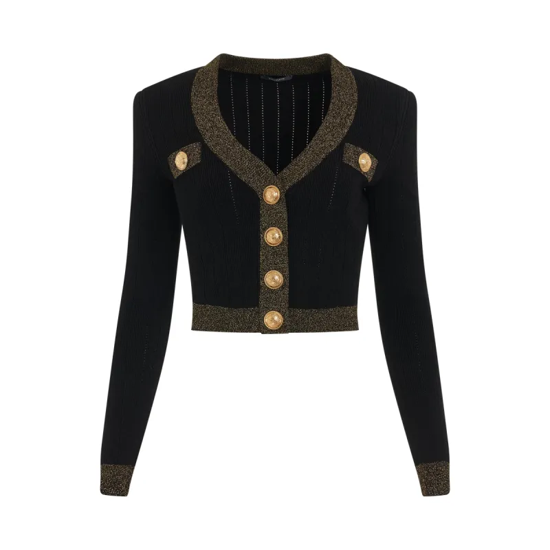Gold Edge Buttoned Knit Cropped Cardigan in Black/Gold made by MARAIS