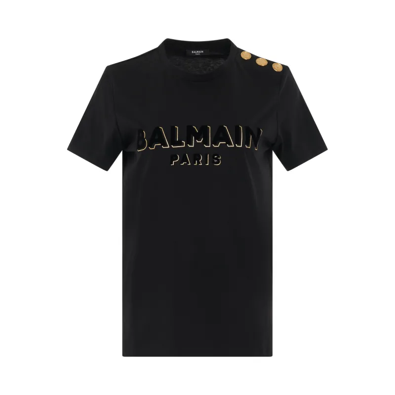 3 Button Logo Mettalic Flock T-Shirt in Black/Gold sold by MARAIS