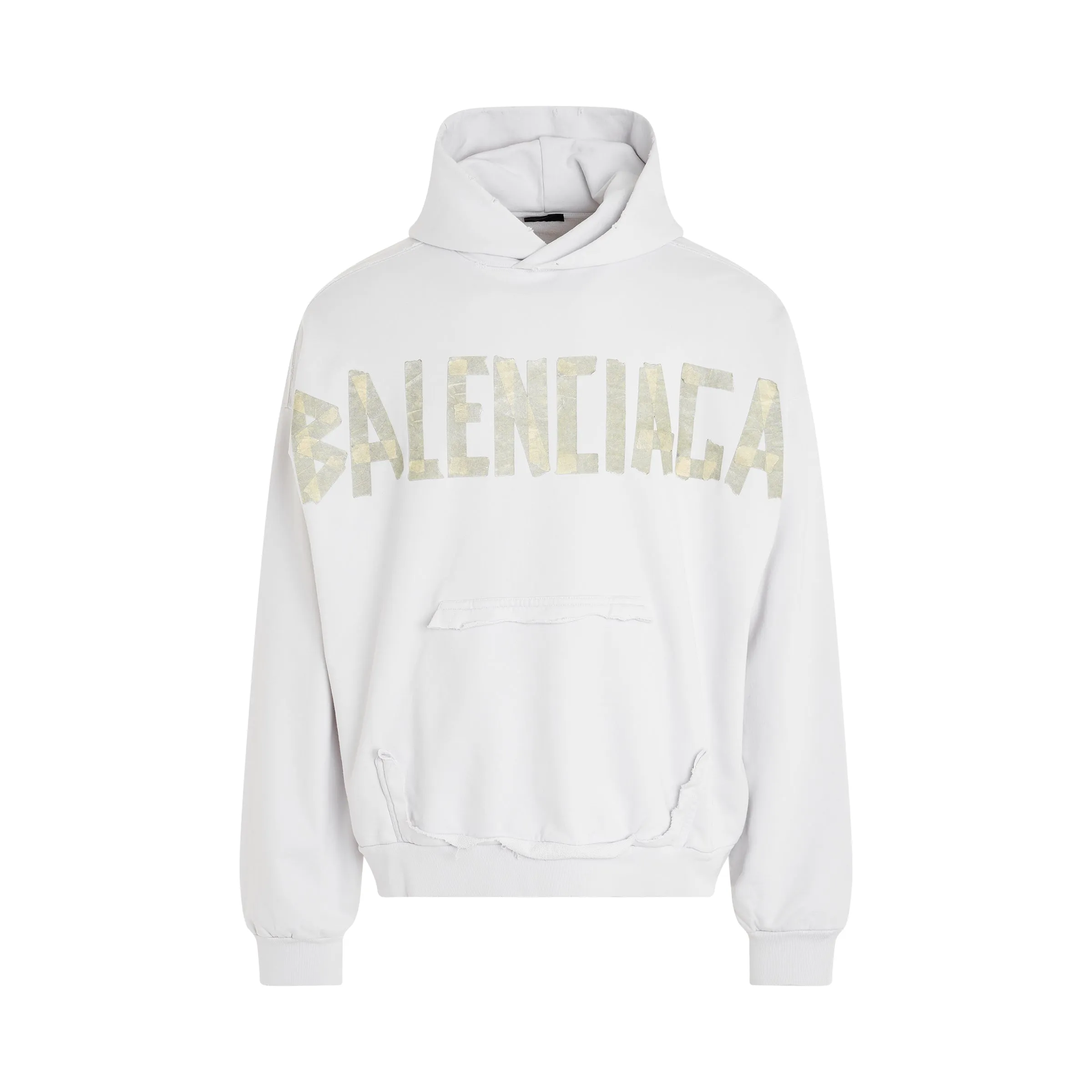 Tape Logo Ripped Pocket Hoodie in White sold by MARAIS