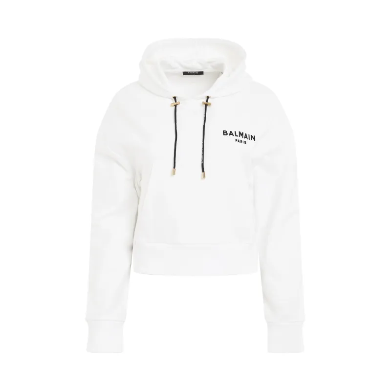 Flocked Logo Detail Cropped Hoodie in White sold by MARAIS