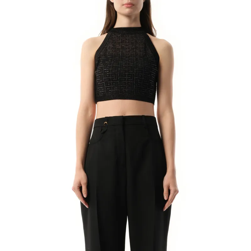 Halterneck Glittered Knit Crop Top in Black sold by MARAIS