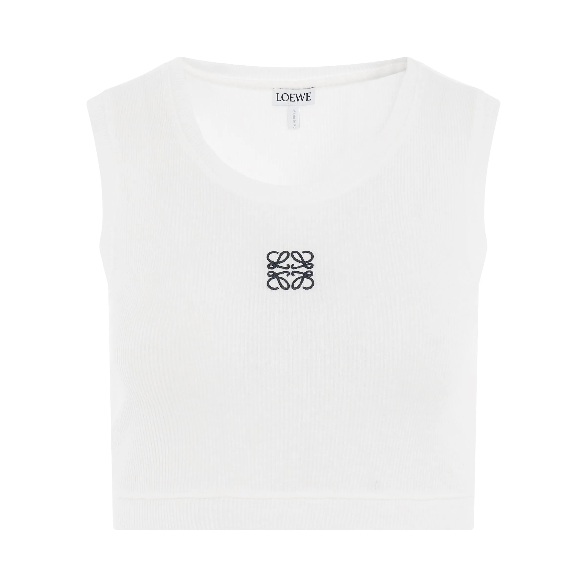 Cropped Anagram Tank Top in White/Navy Blue sold by MARAIS