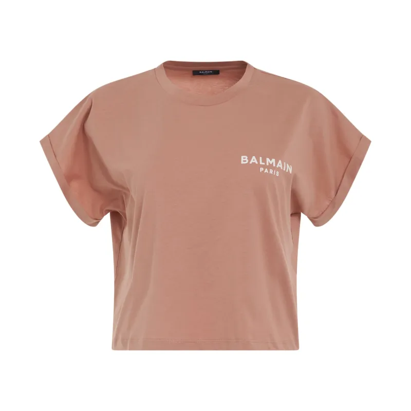 Flock Detail Cropped T-Shirt in Dark Nude/Natural sold by MARAIS