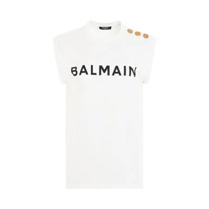 3 Button Logo Print Tank Top in White/Black sold by MARAIS