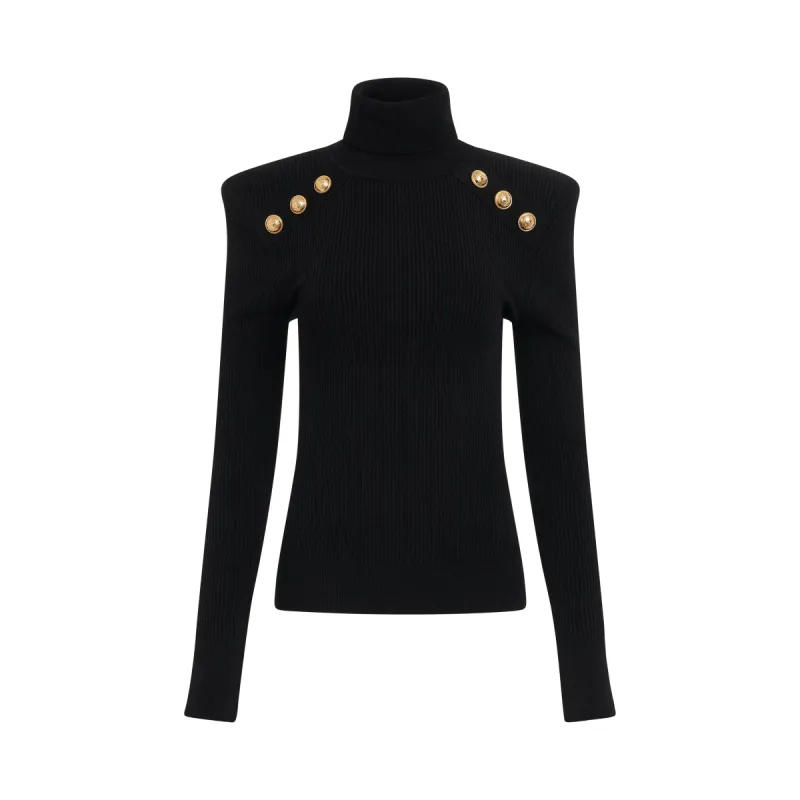 Button Trimmed Turtleneck Sweater in Black sold by MARAIS