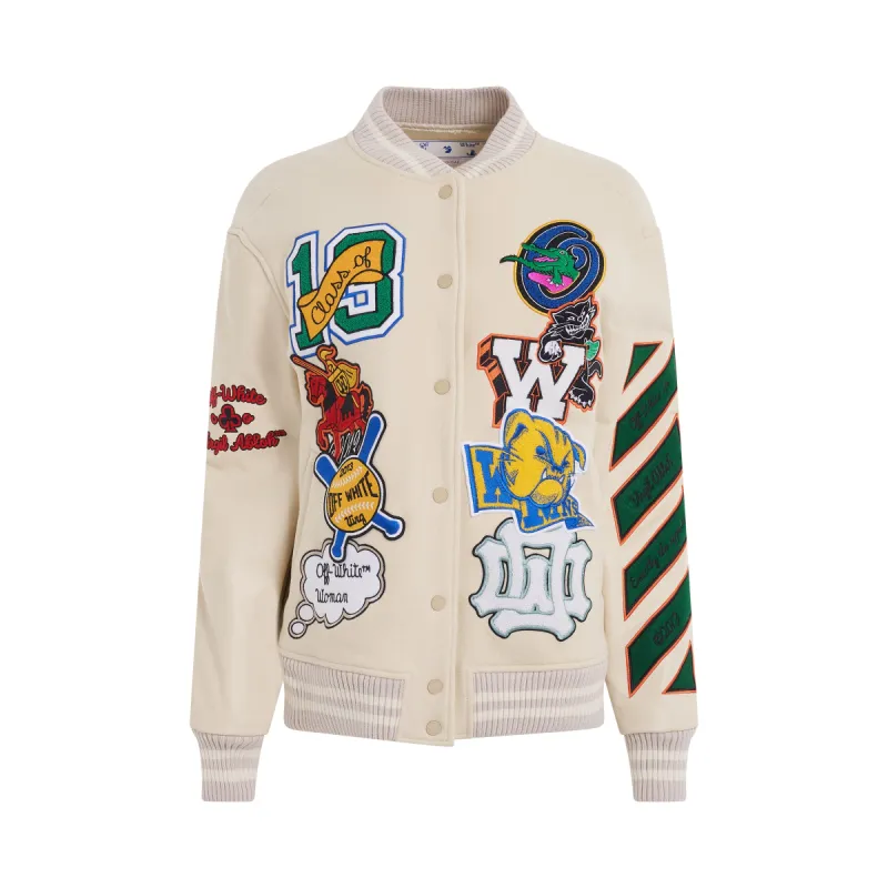 Wool Embroidered Slogan Patch Varsity Jacket in White sold by MARAIS