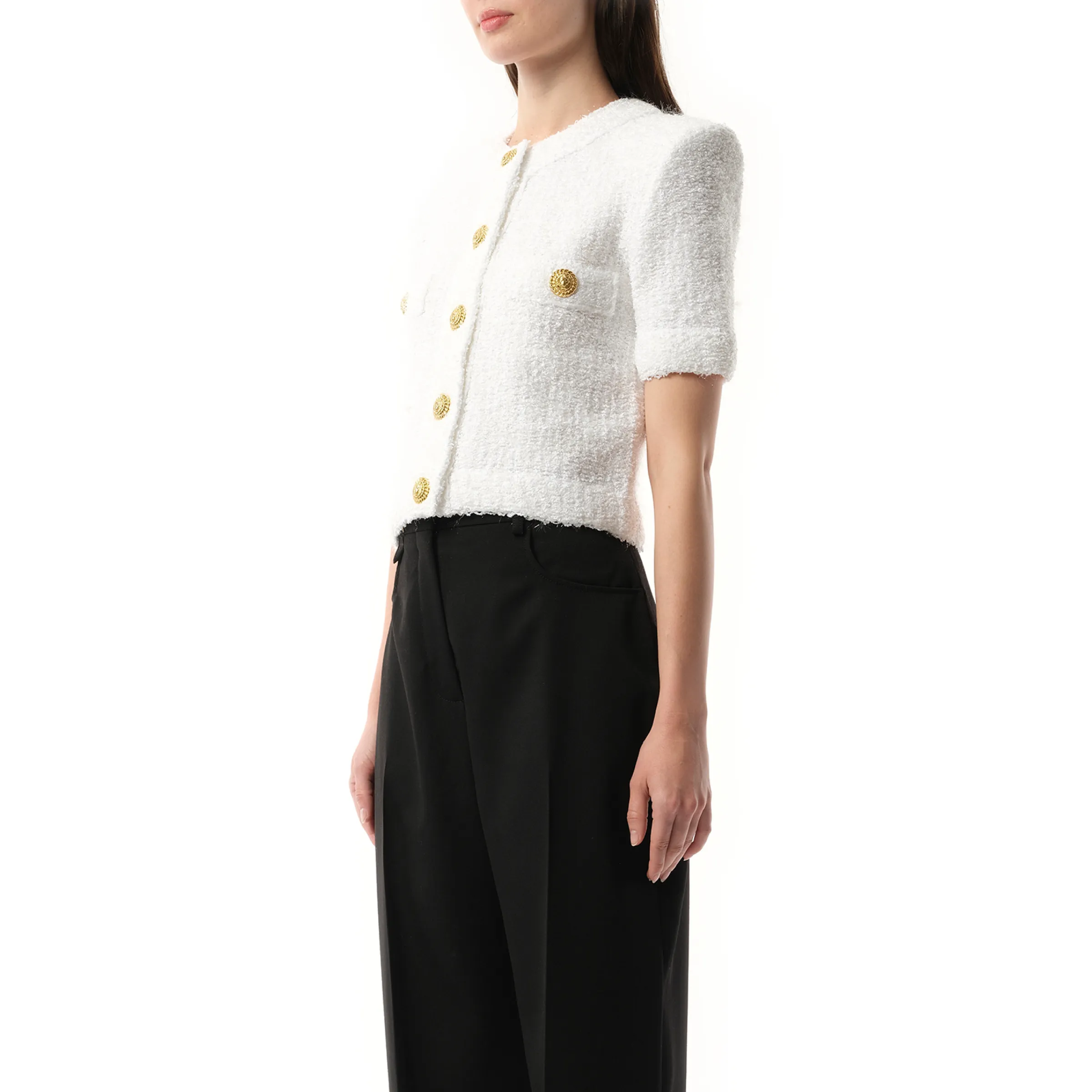 Short Sleeve Buttoned Knit Cardigan in White sold by MARAIS product image thumbnail 5