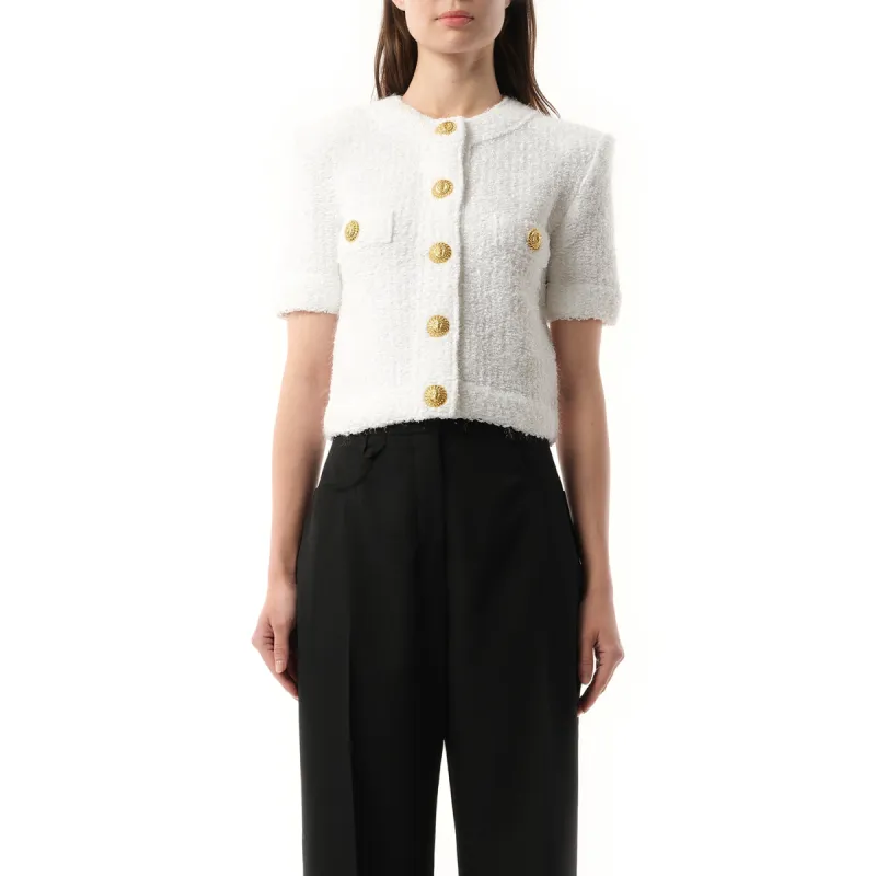Short Sleeve Buttoned Knit Cardigan in White sold by MARAIS