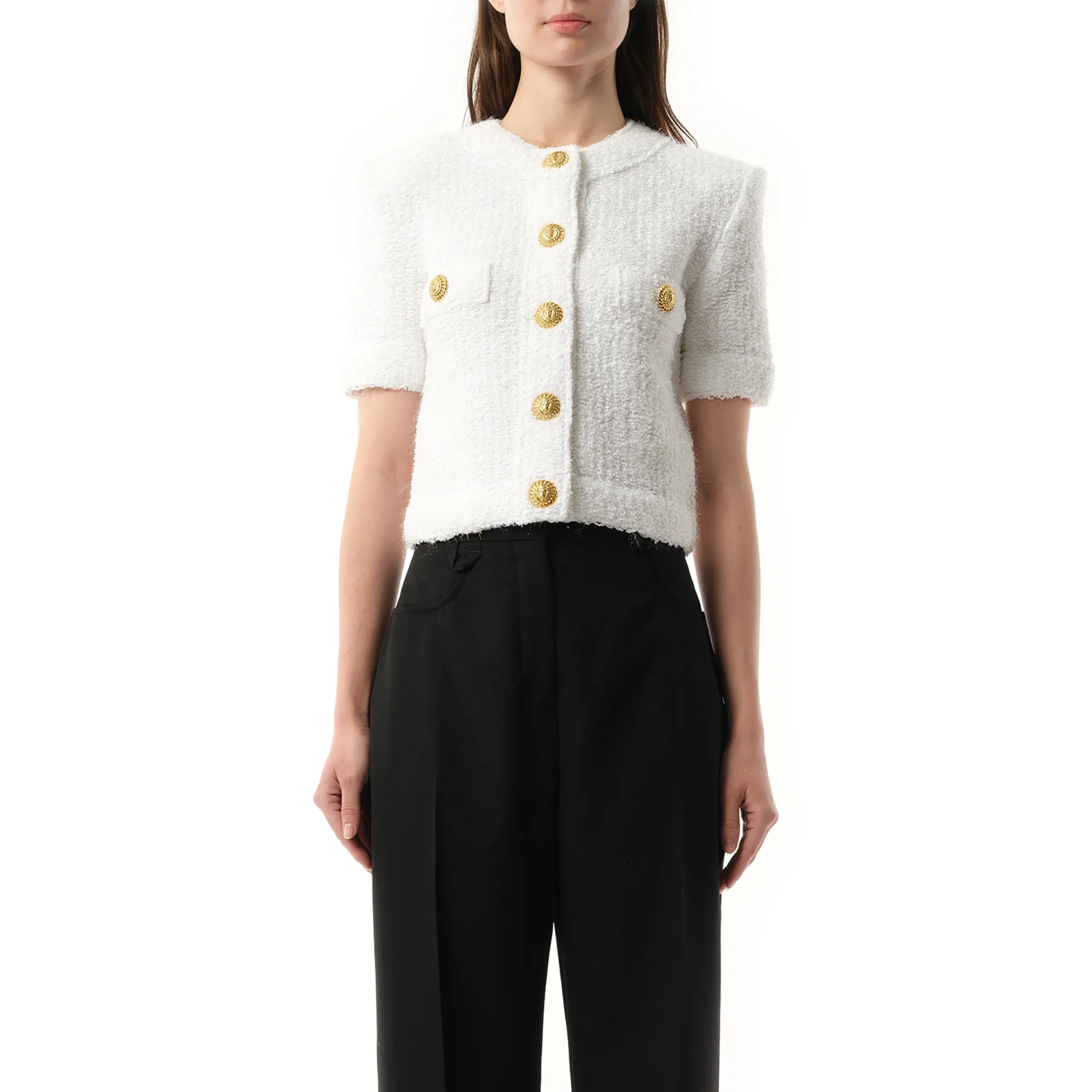 Short Sleeve Buttoned Knit Cardigan in White sold by MARAIS