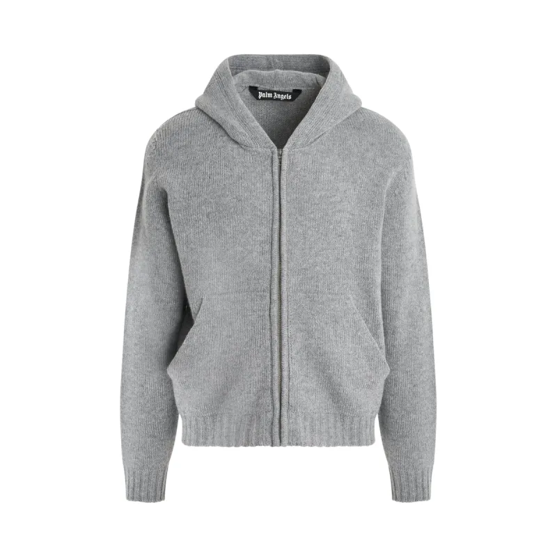 Curved Logo Zip Knit Hoodie in Melange Grey sold by MARAIS