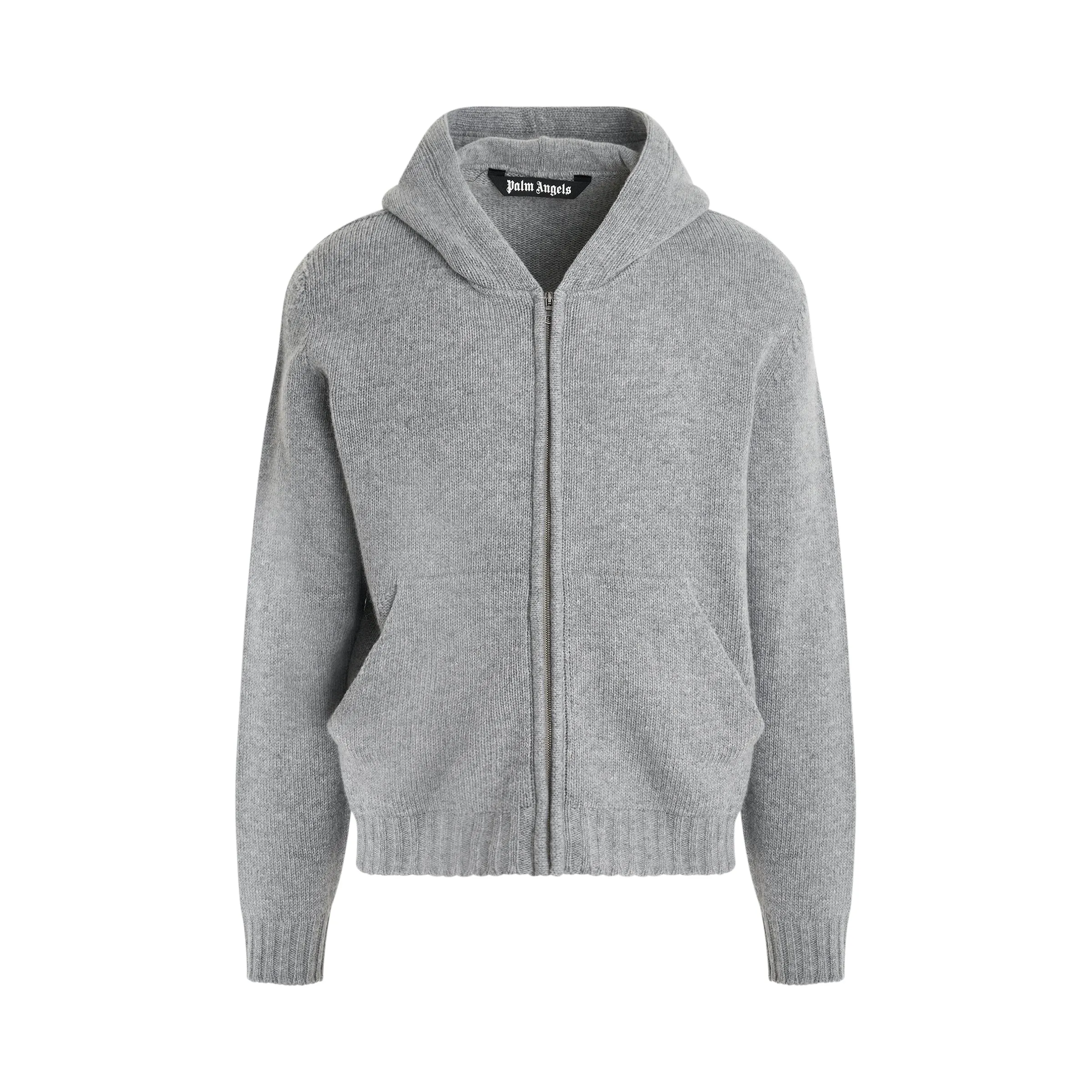 Curved Logo Zip Knit Hoodie in Melange Grey sold by MARAIS