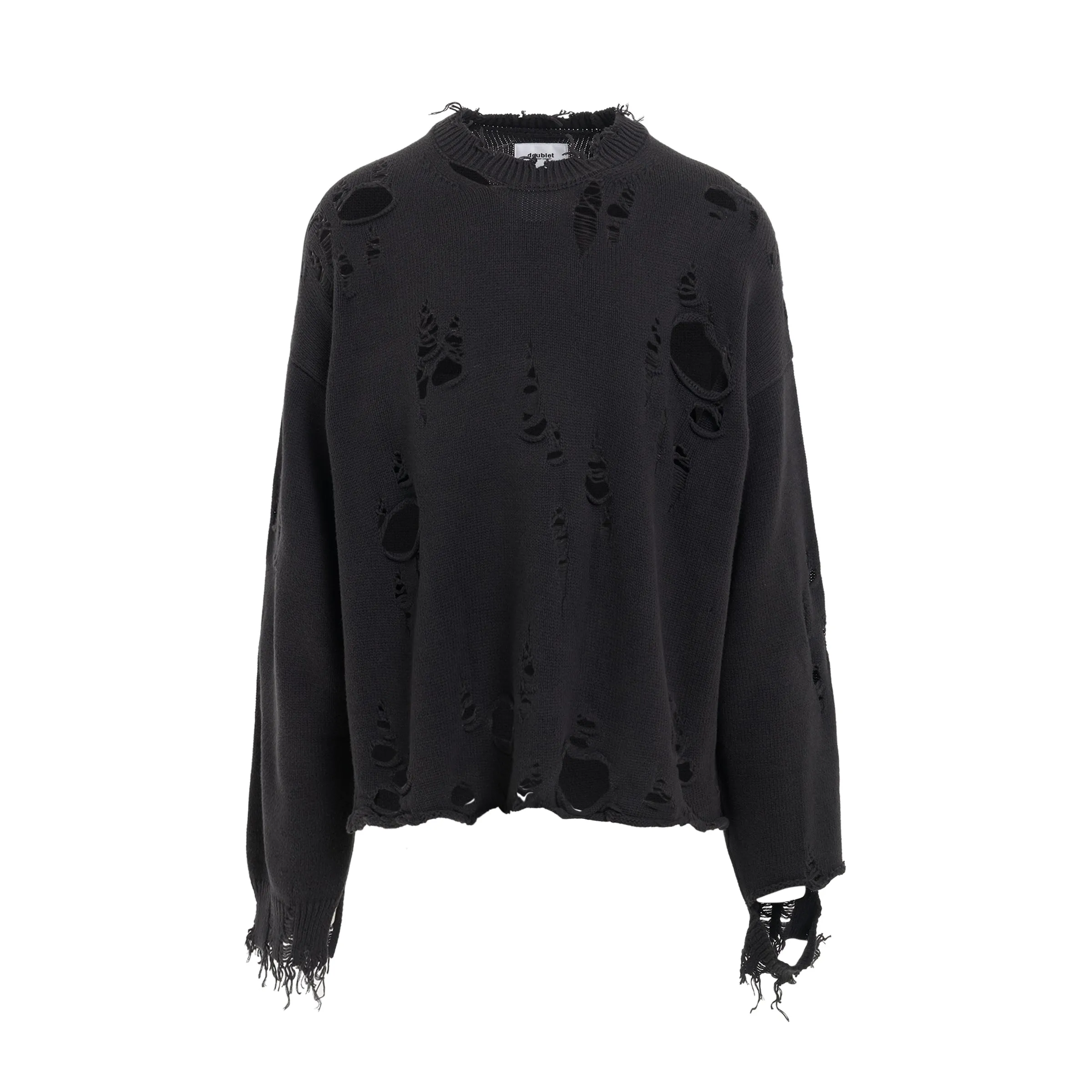 Destroyed Knit Pullover in Black sold by MARAIS