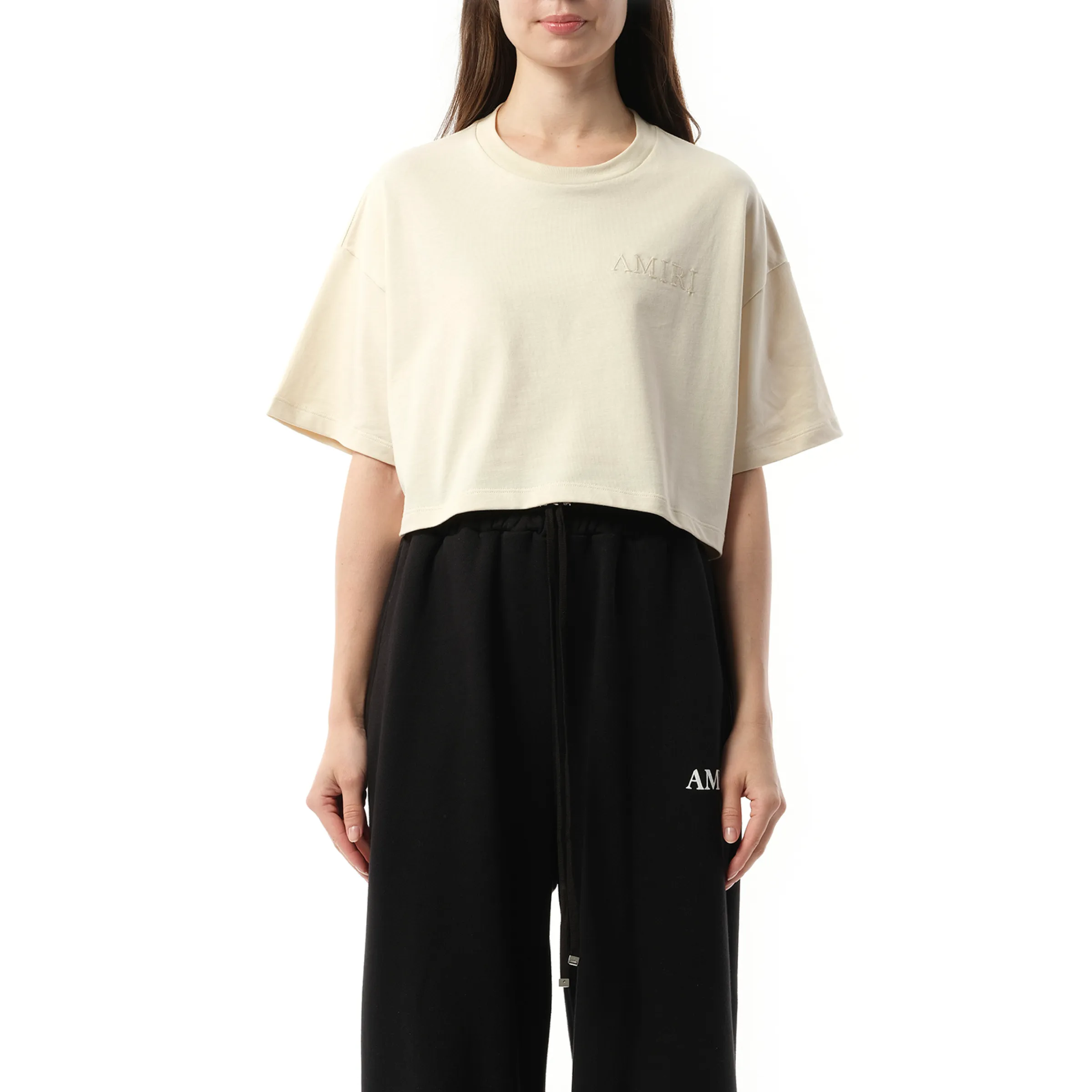 Amiri Embroidered Cropped T-Shirt in Alabaster sold by MARAIS
