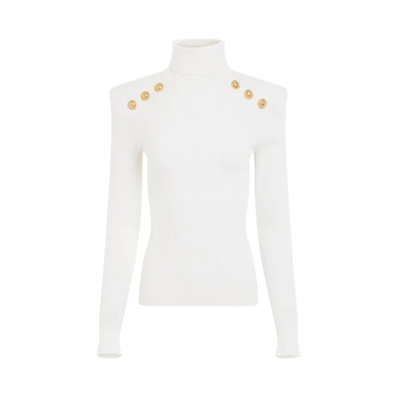 Button Trimmed Turtleneck Sweater in White sold by MARAIS