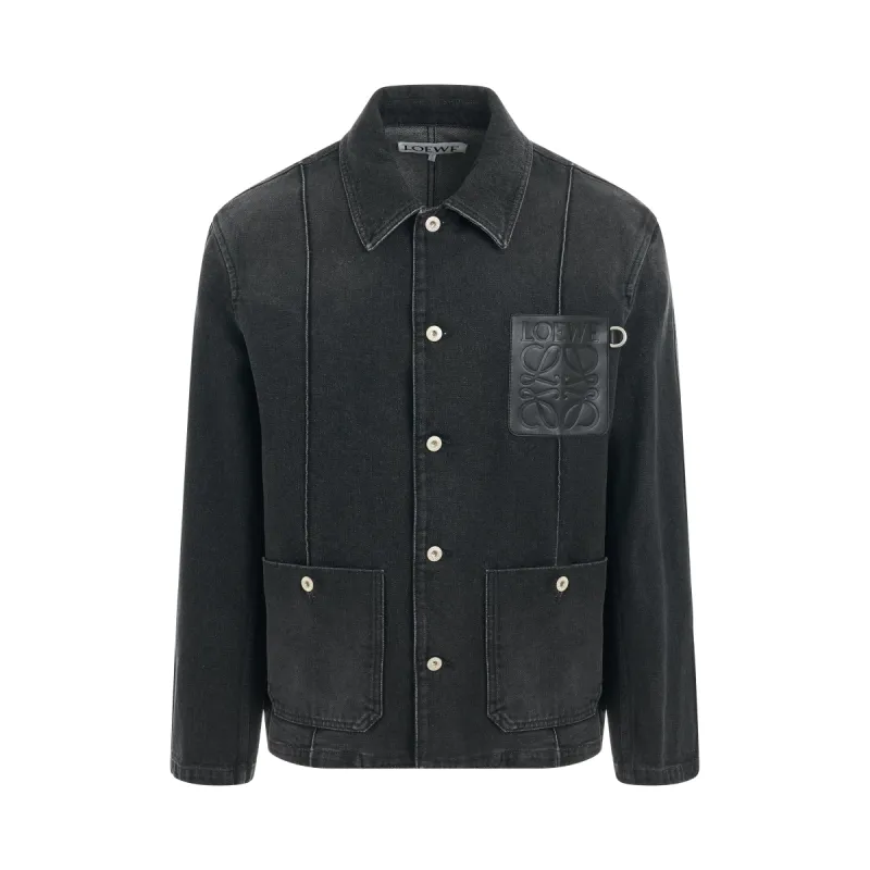 Leather Patch Denim Workwear Jacket in Washed Black sold by MARAIS