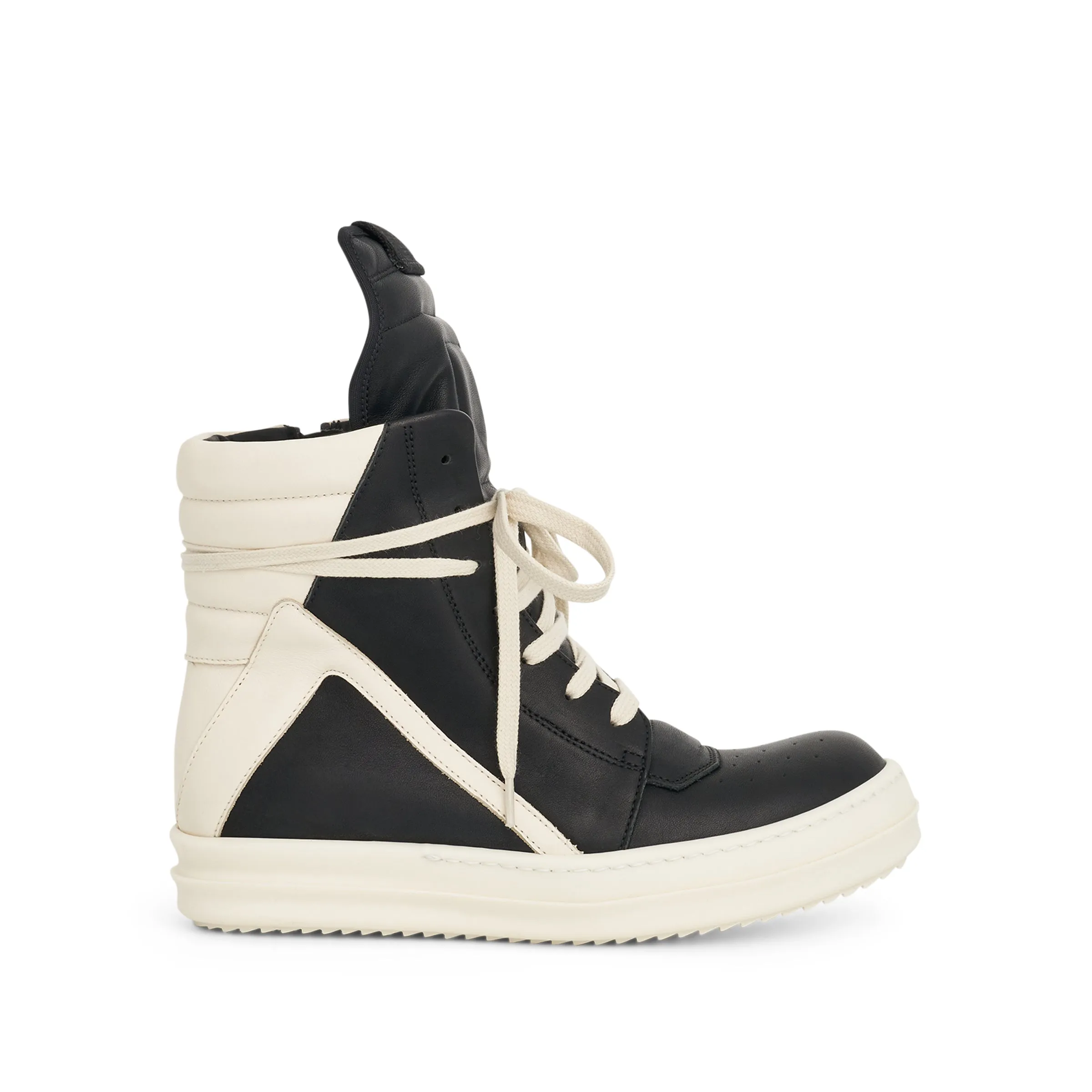 Women Washed Calf Geobasket Leather Sneaker in Black/Milk sold by MARAIS