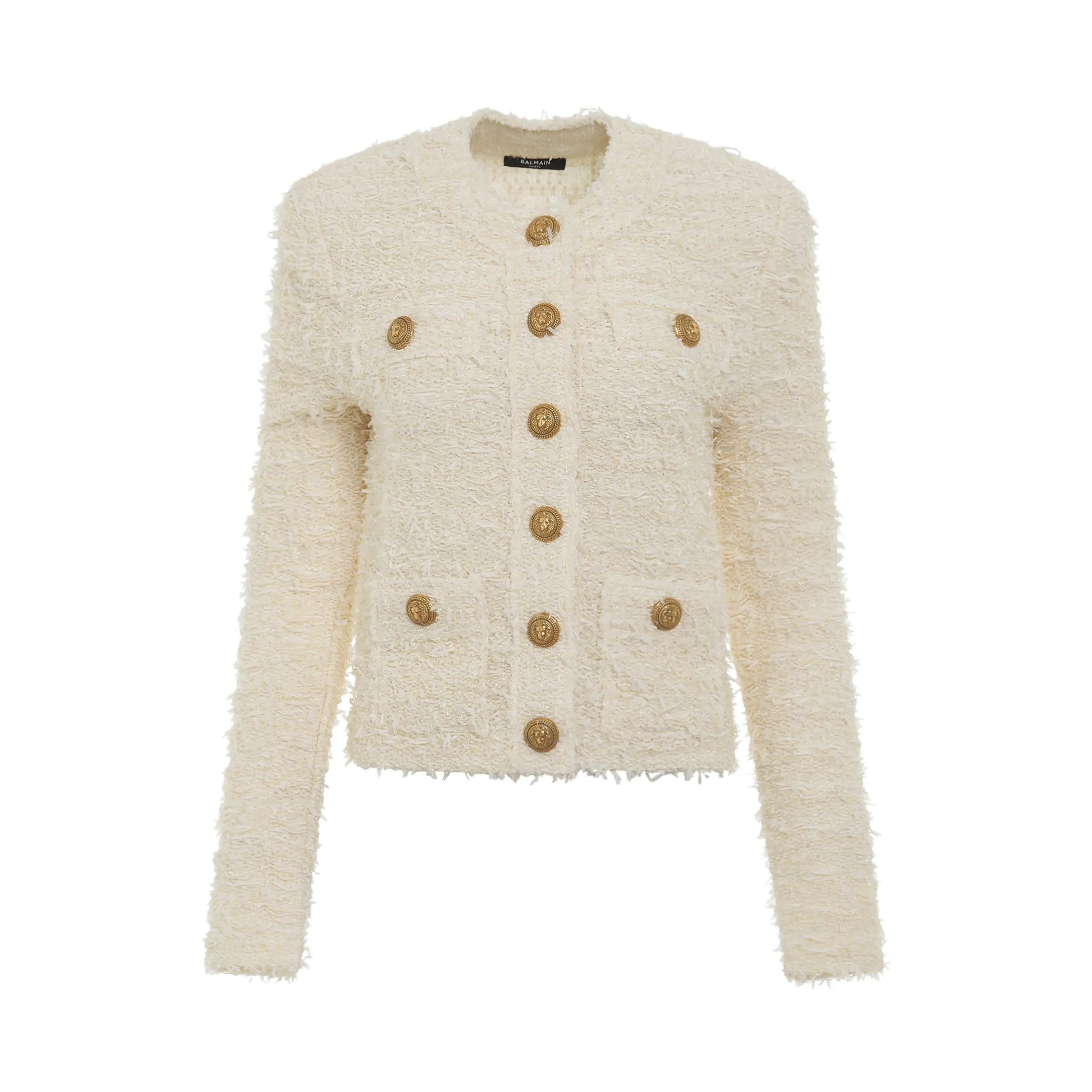 Collarless 4 Pockets Buttoned Tweed Jacket in Natural sold by MARAIS