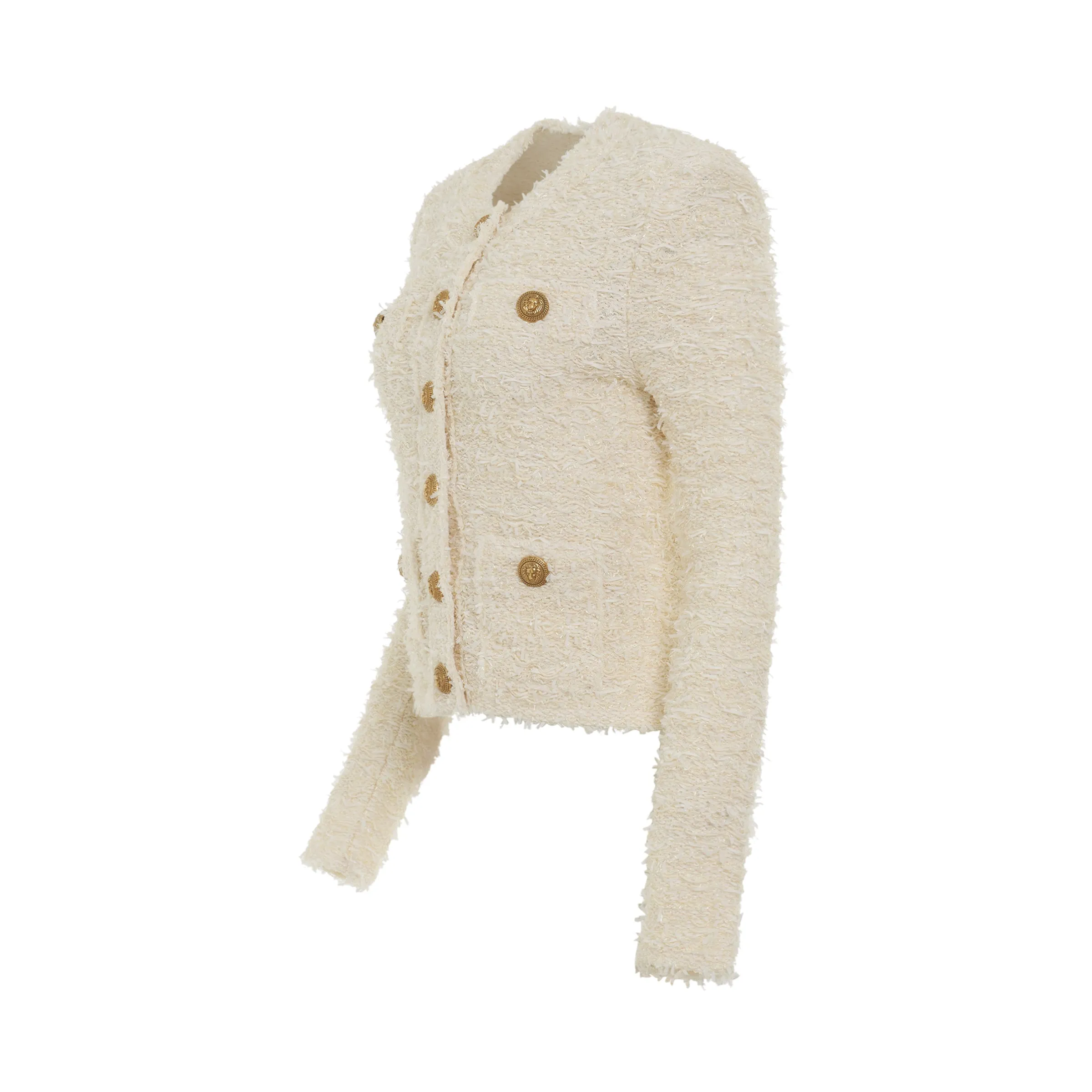 Collarless 4 Pockets Buttoned Tweed Jacket in Natural sold by MARAIS product image thumbnail 2