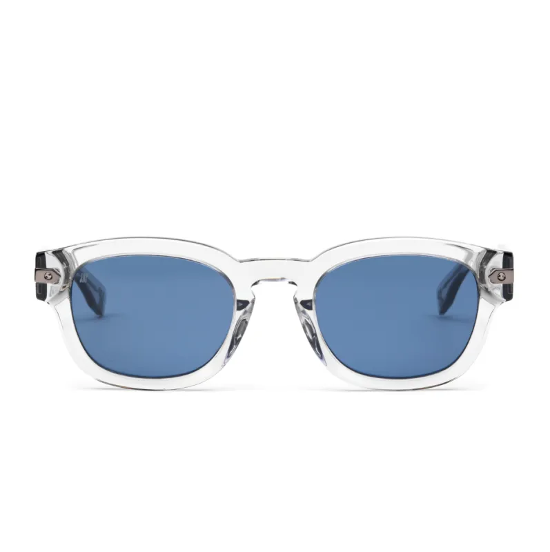 Crystal Grey Rounded Key Sunglasses with Solid Blue Lens sold by MARAIS