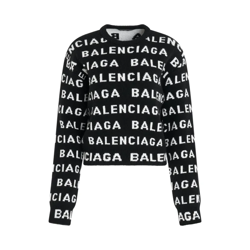 All-Over Logo Cropped Sweater in Black/White made by Balenciaga