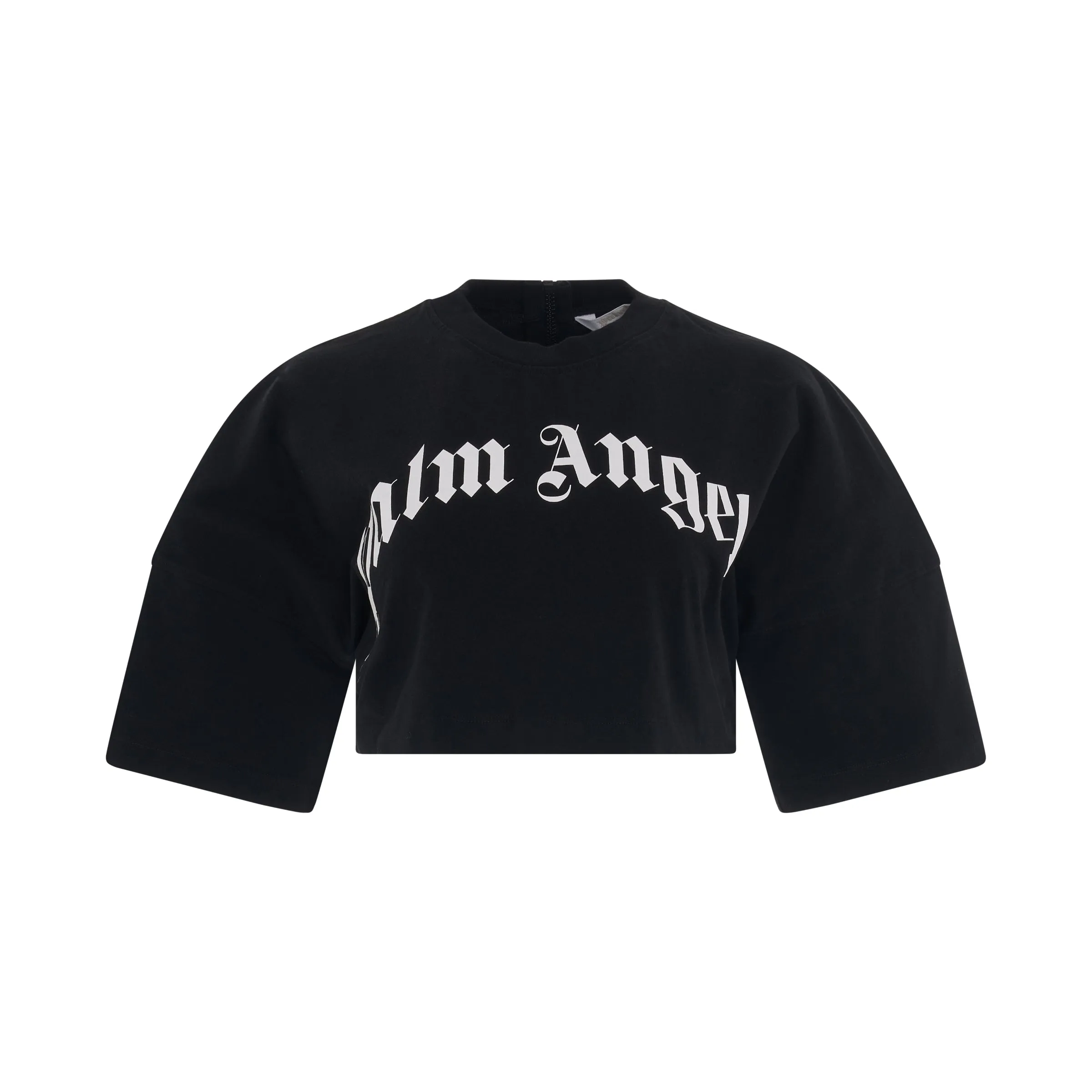 Curved Logo Back Zip Cropped T-Shirt in Black/White sold by MARAIS