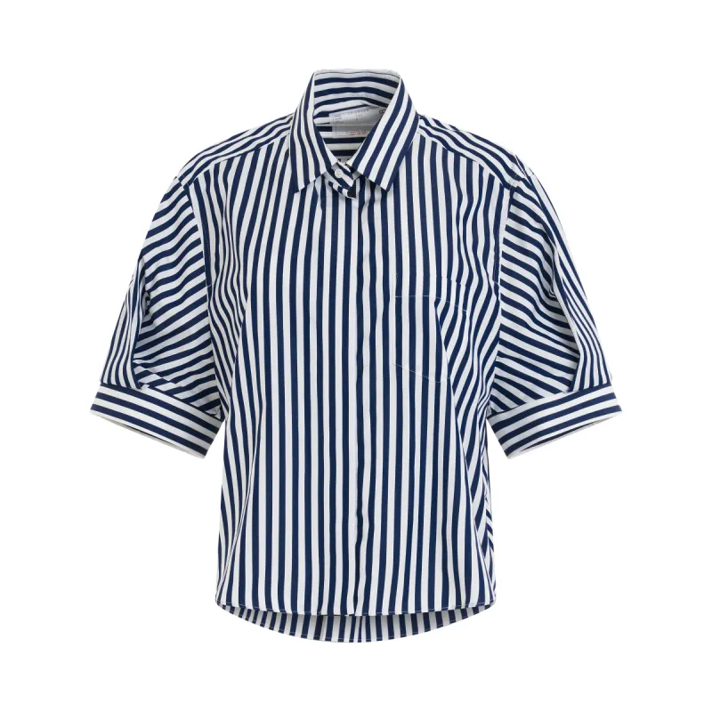 Thomas Mason Cotton Poplin L/S Shirt in Navy Stripe sold by MARAIS