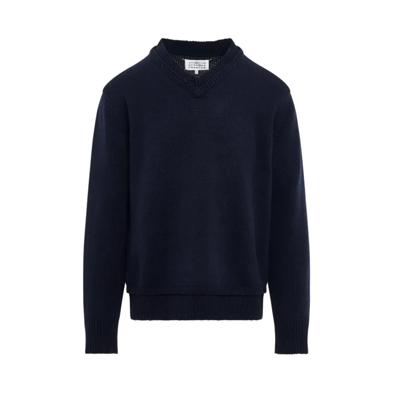 Elbow Patch V-Neck Knit Sweater in Navy sold by MARAIS