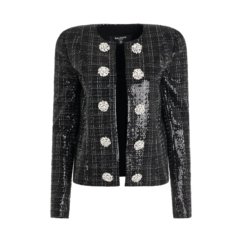 Jewellery Button Collarless Tweed Jacket in Black sold by MARAIS