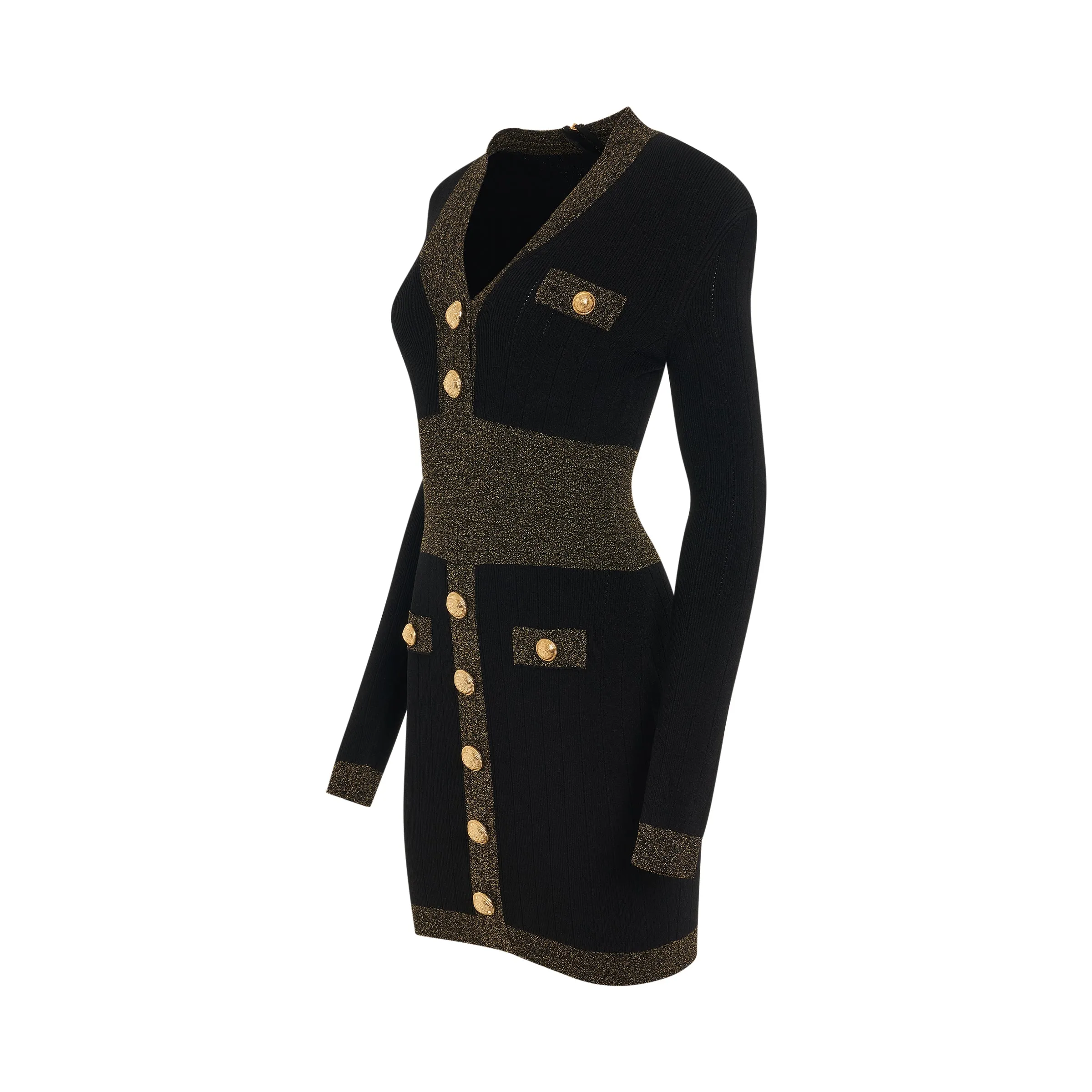 Long Sleeve V-Neck Golden Edge Knit Dress in Black/Gold sold by MARAIS product image thumbnail 2