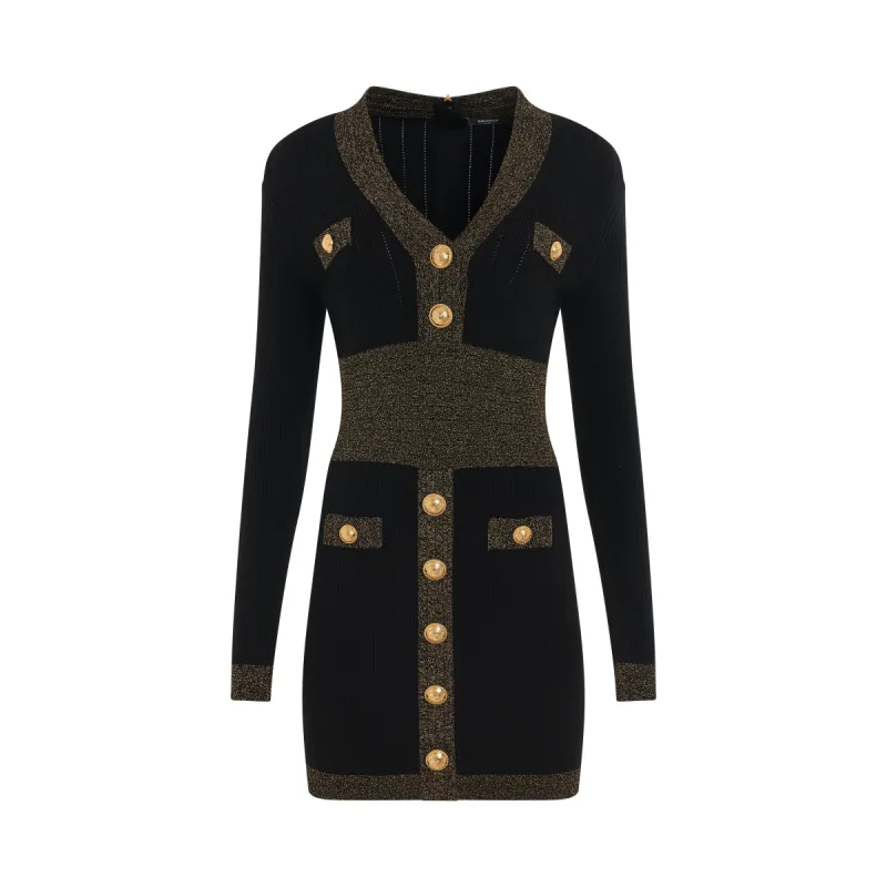 Long Sleeve V-Neck Golden Edge Knit Dress in Black/Gold sold by MARAIS
