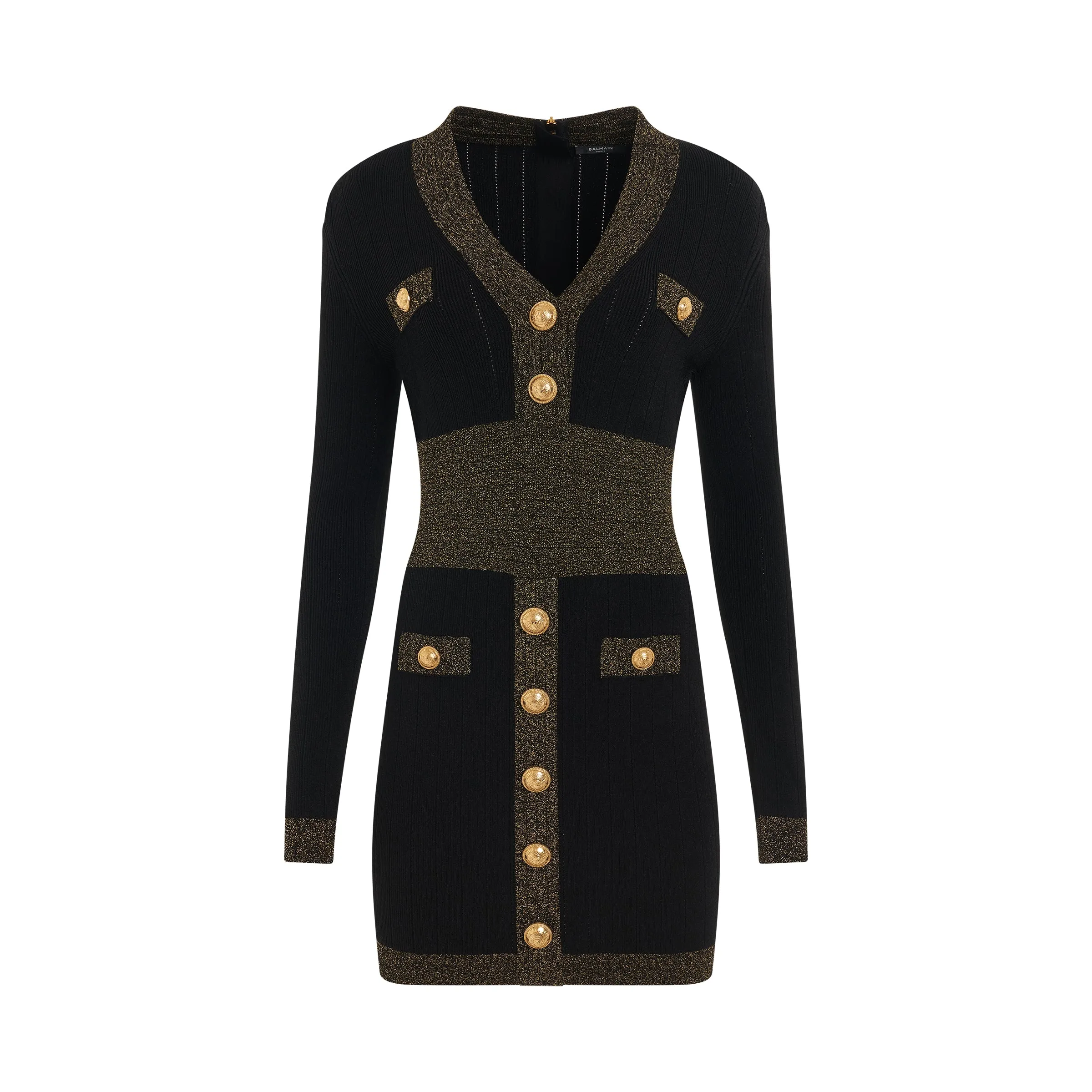 Long Sleeve V-Neck Golden Edge Knit Dress in Black/Gold sold by MARAIS