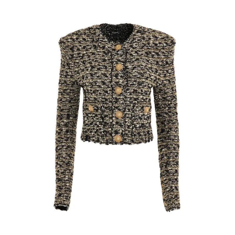 Collarless 2 Pockets Tweed Cropped Jacket in Black/Gold sold by MARAIS