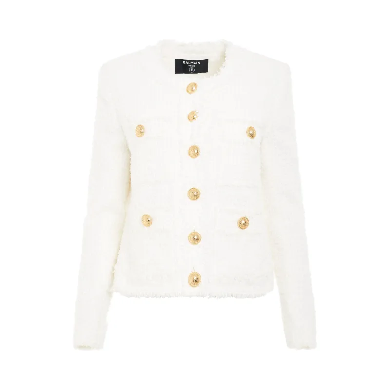 Collarless 4 Pockets Tweed Jacket in White sold by MARAIS